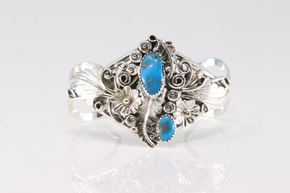 Native America Navajo Sterling Silver Turquoise Floral Barcelet Cuff By Harry B Yazzie.
