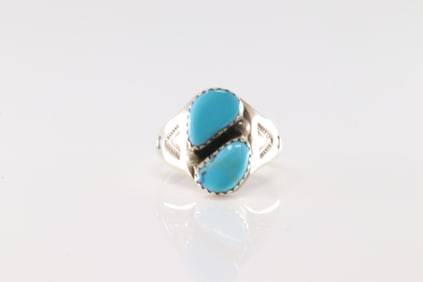 Native America Zuni Sterling Silver Turquoise Ring 2 Stone By M.L.