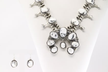 Native America Navajo Sterling Silver White Buffalo Squash Blossom Necklace & Earring's Set By
