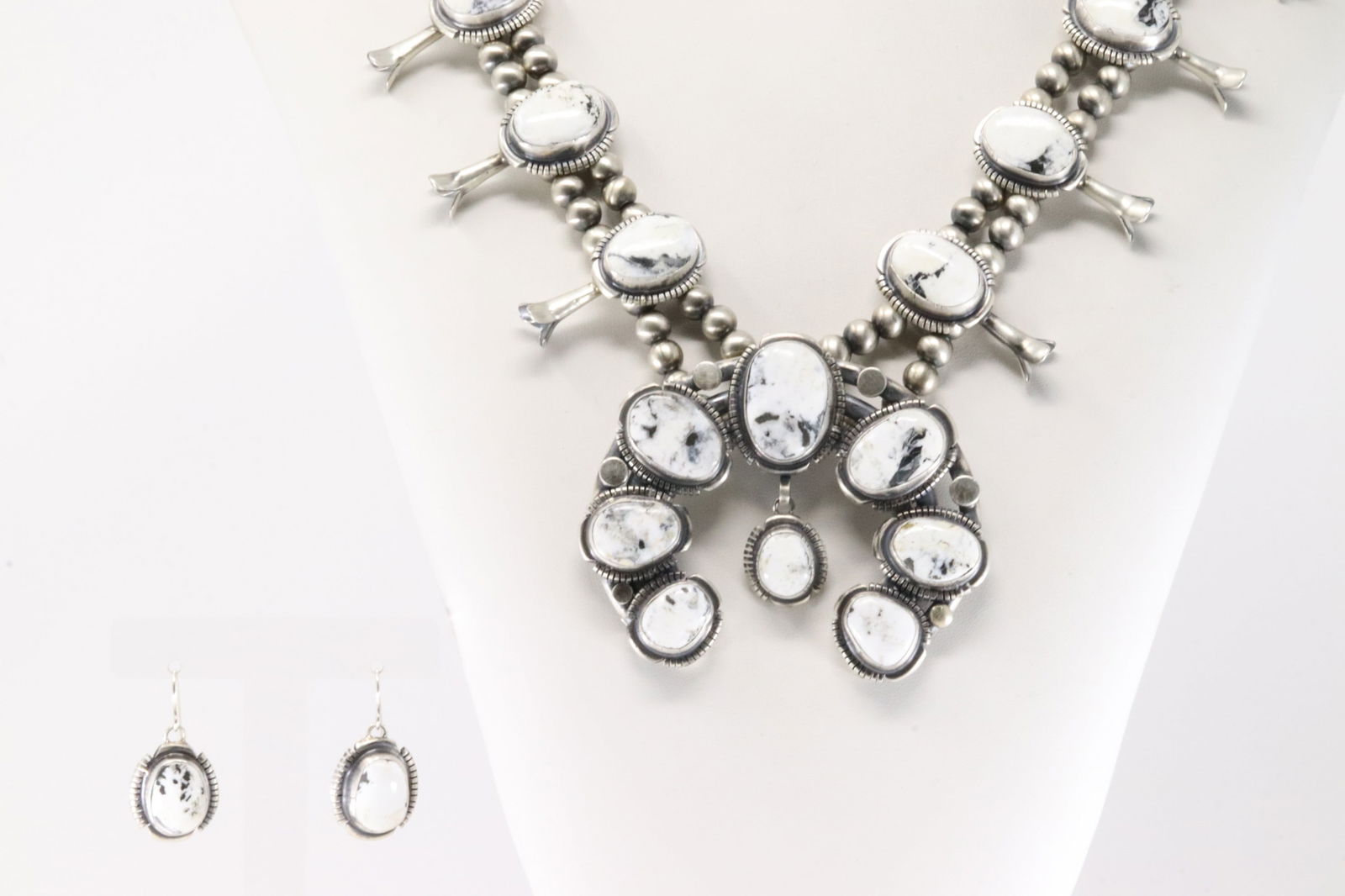 Native America Navajo Sterling Silver White Buffalo Squash Blossom Necklace & Earring's Set By (1 of 8)