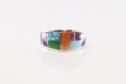 Native American Navajo Sterling Silver Multi-Color Stone Inlay Ring By Yazzie.