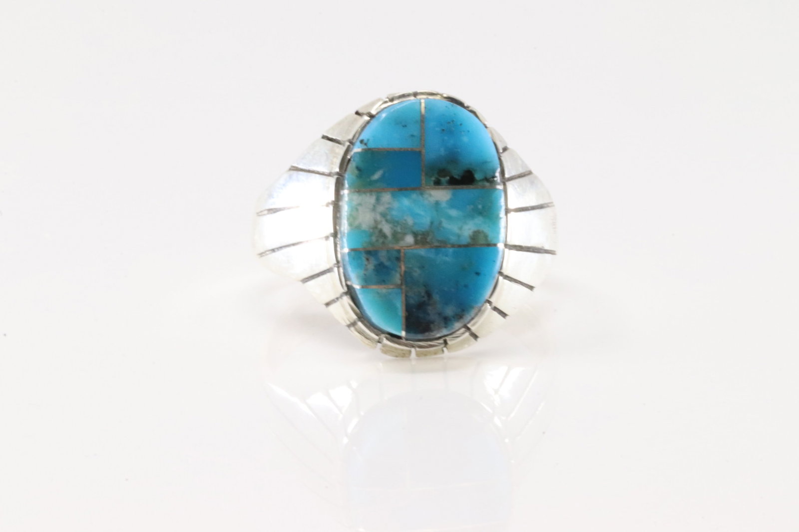 Native America Navajo Sterling Silver Turquoise Inlay Ring By R.: This is a Native America Navajo Sterling Silver Turquoise Inlay Ring By R. Ring size: 12.50.
