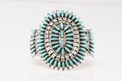 Native America Zuni Sterling Silver Turquoise Needlepoint Brcaelet Cuff By N&R Nez.