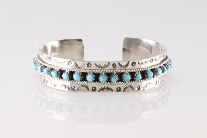 Native American Zuni Sterling Silver Kingman Turquoise Bracelet Cuff By P.Ukestine.