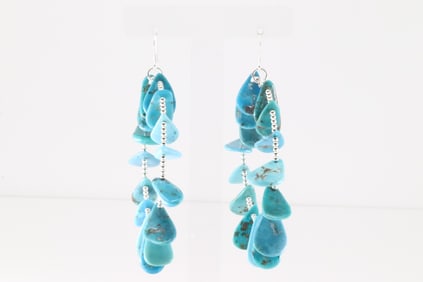 Native America Navajo Sterling Silver Turquoise Hoop Dangling Earring's.