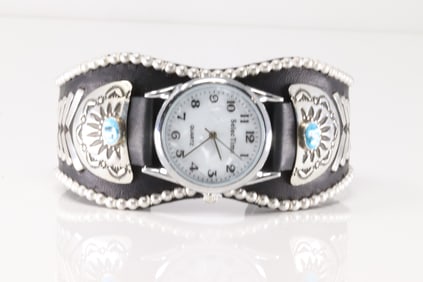 Native America Navajo Sterling Silver Kingman Turquoise Watch Leather Bracelet Cuff By Frank