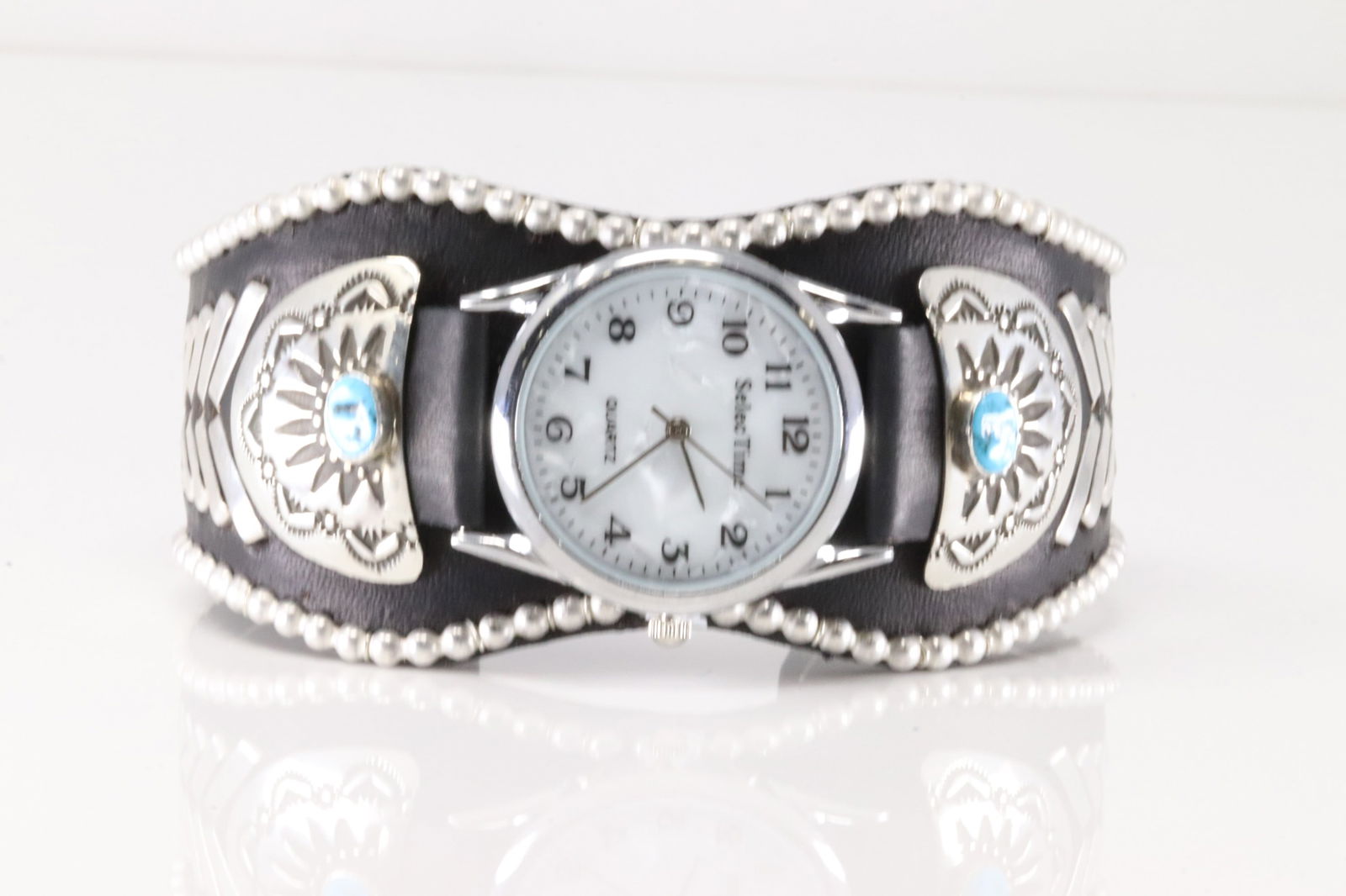 Native America Navajo Sterling Silver Kingman Turquoise Watch Leather Bracelet Cuff By Frank (1 of 4)