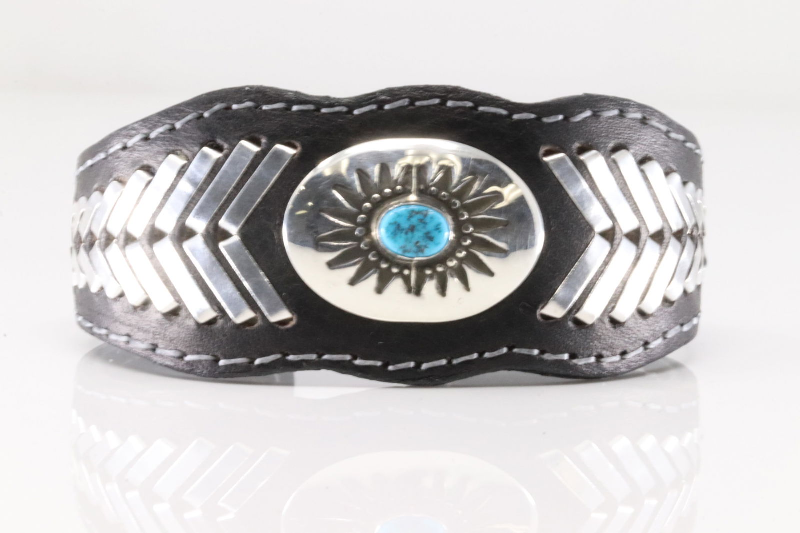 Native America Navajo Sterling Silver Turquoise Bracelet Leather Cuff By F.Armstrong. (1 of 4)