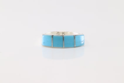 Native America Navajo Sterling Silver Turquoise Inlay Ring By G.K.