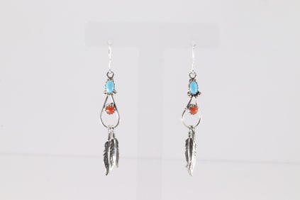 Native America Navajo Sterling Silver Coral & Turquoise Dangling Earring's By Robert Martinez.