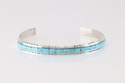 Native America Zuni Sterling Silver Turquoise Inlay Bracelet Cuff By Sheldon Lalio.