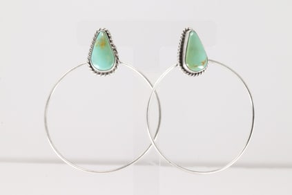 Native America Navajo Sterling Silver Kingman Turquoise Hoop Pos Earring's By Elouise Kee.