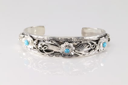 Native America Navajo Sterling Silver Turquoise Bracelet Floral Cuff By Bessie Joe.