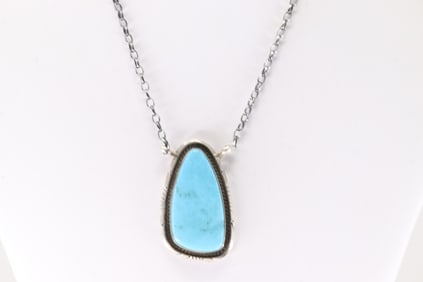 Native America Navajo Sterling Silver Campitos Turquoise Necklace By Alfred Martinez.