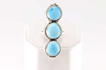 Native America Navajo Sterling Silver Turquoise Ring 3 Stone Ring By S.