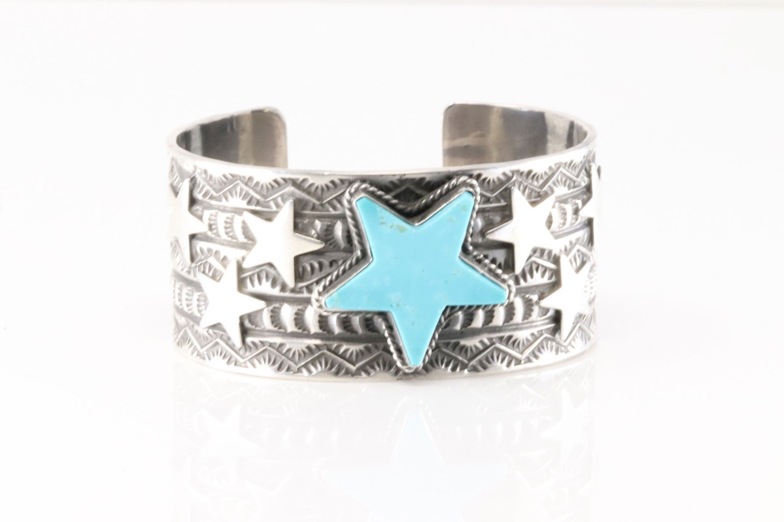 Native America Navajo Sterling Silver Kingman Turquoise Star Bracelet Cuff By Sunshine Reeves. (1 of 4)