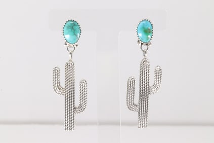 Native America Navajo Sterling Silver Sonora Gold Turquoise Cactus Post / Dangling Earring's By