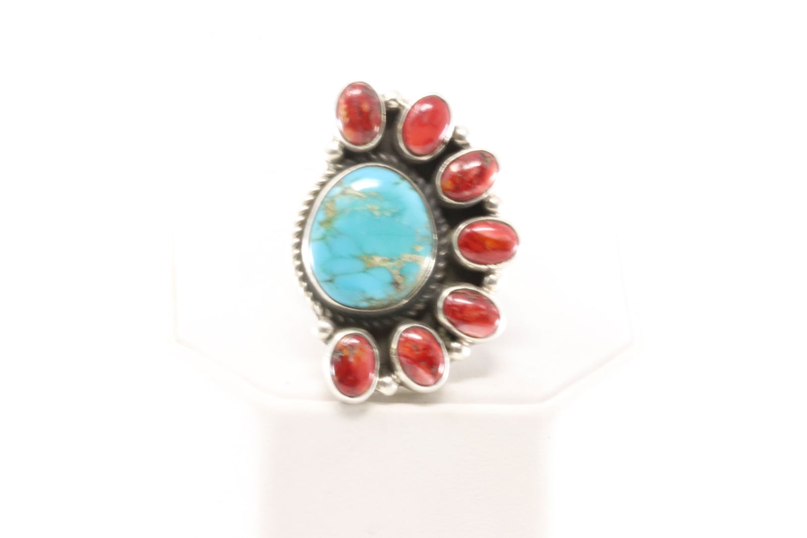 Native America Navajo Sterling Silver Coral & Turquoise Ring By G.James. (1 of 4)