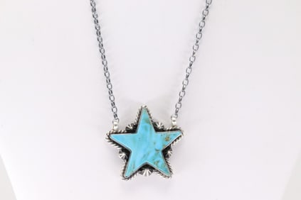Native America Navajo Sterling Silver Kingman Turquoise Star necklace By Donovan Skeets.