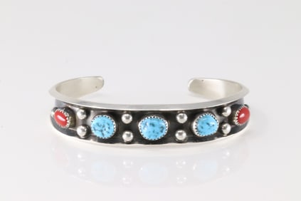 Native America Navajo Sterling Silver Coral & Turquoise Bracelet Cuff By Largo Paul.