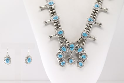 Native America Navajo Sterling Silver Kingman Turquoise Squash Blossom Necklace & Earring's Set By