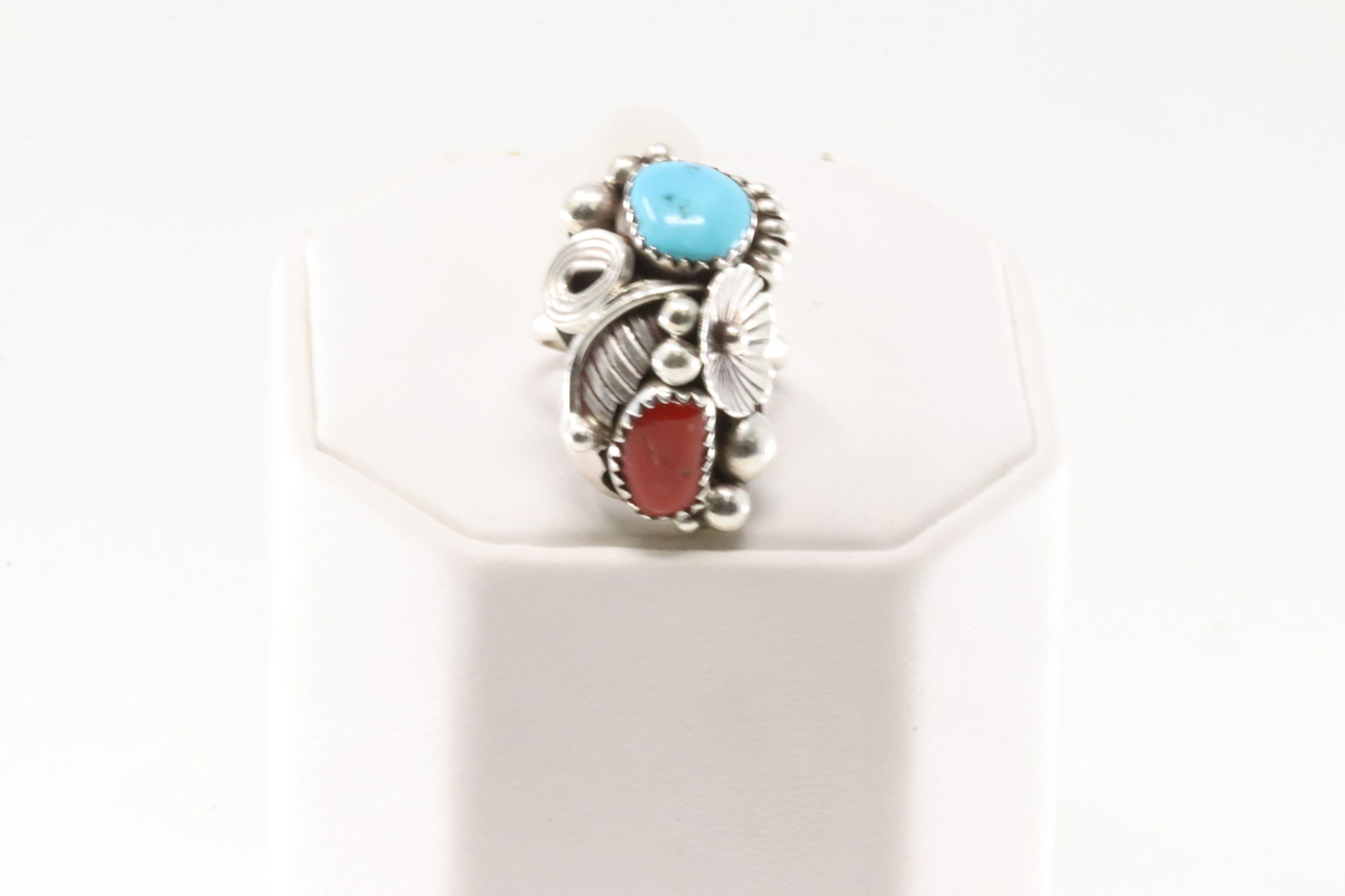 Native American Navajo Sterling Silver Coral & Turquoise Ring By Max Calladitto. (1 of 4)