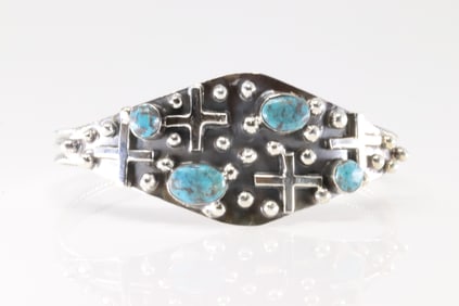 Native America Navajo Sterling Silver Turquoise Cross Bracelet Cuff By Gregg Yazzie.
