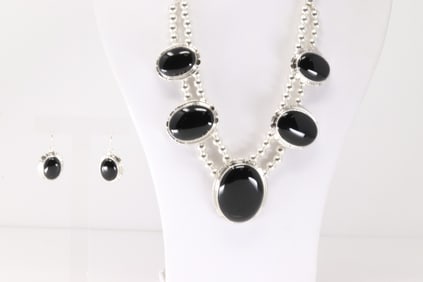 Native America Navajo Sterling Silver Black Onyx Necklace & Earring's Set By L.M.Y.