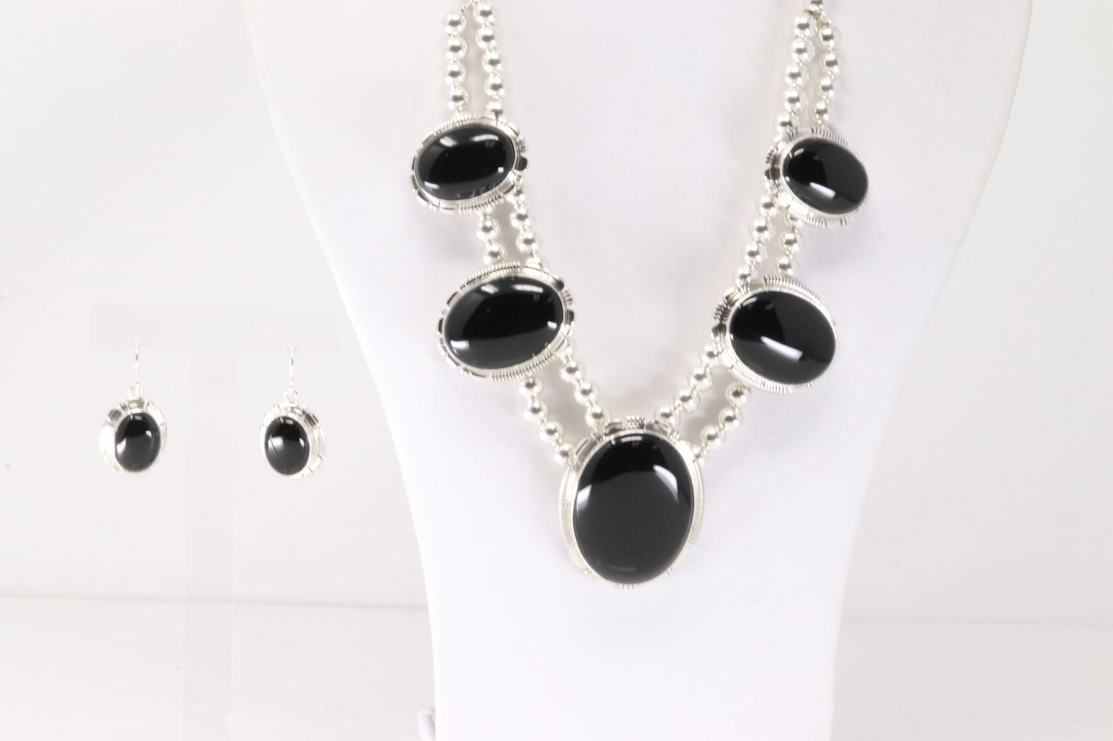 Native America Navajo Sterling Silver Black Onyx Necklace & Earring's Set By L.M.Y. (1 of 6)