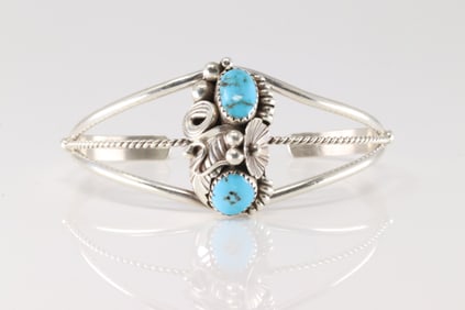 Native America Navajo Sterling Silver Turquoise Floral Bracelet Cuff By Max C.