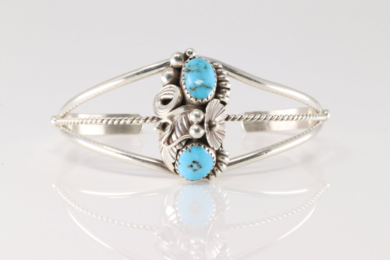 Native America Navajo Sterling Silver Turquoise Floral Bracelet Cuff By Max C.: This is a Native America Navajo Sterling Silver Turquoise Floral Bracelet Cuff By Max C.