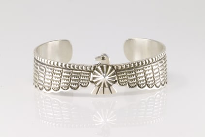 Native America Navajo Sterling Silver Solid Thunderbird Bracelet Cuff By Darrell Cadman.