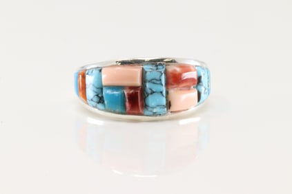 Native America Navajo Sterling Silver Multi-Color Stone Inlay Ring By Yazzie.