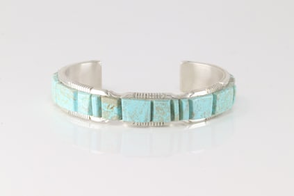 Native America Navajo Sterling Silver Kingman Turquoise Inlay Bracelet By Steve Francisco.