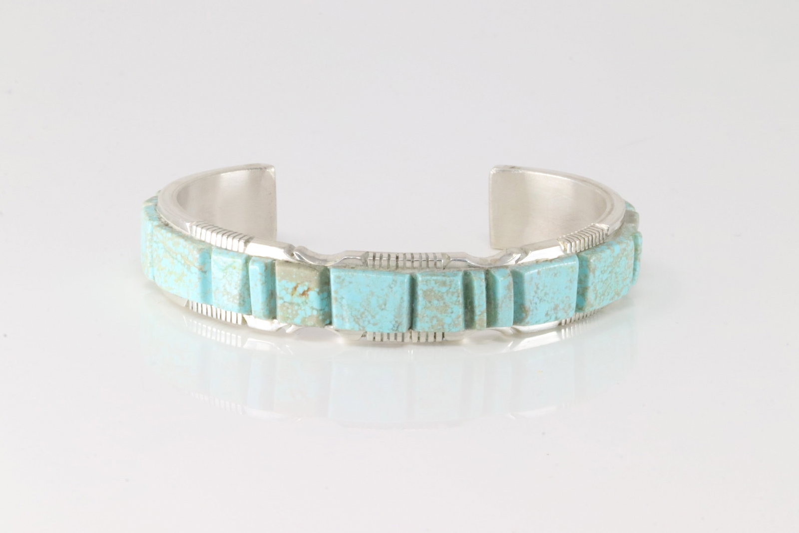 Native America Navajo Sterling Silver Kingman Turquoise Inlay Bracelet By Steve Francisco.: This is a Native America Navajo Sterling Silver Kingman Turquoise Inlay Bracelet By Steve Francisco.