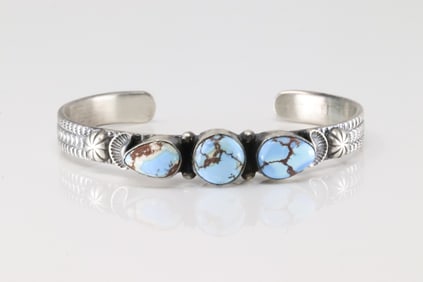 Native America Navajo Sterling Silver Golden Hill Turquoise Bracelet Cuff By M.Spencer.