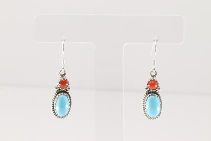 Native America Navajo Sterling Silver Coral & Turquoise Dangling Earring's By Gary Shorty.
