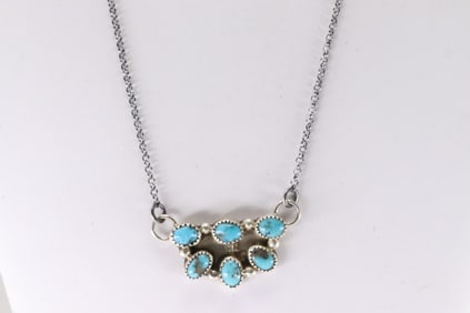 Native America Navajo Sterling Silver Kingman Turquoise Necklace By Maxine Ramirez.