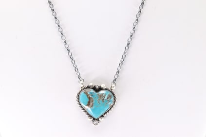 Native America Navajo Sterling Silver Kingman Turquoise Heart Necklace By Donovan Skeets.