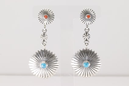Native America Navajo Sterling Silver Coral & Turquoise Post / Dangling Earring's By Verley Betone.