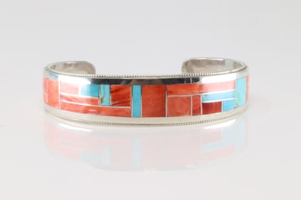 Native America Zuni Sterling Silver Multi-Color Stone Inlay Bracelet Cuff By RGB.