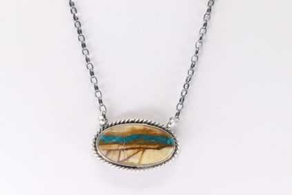 Native America Navajo Sterling Silver Royston Ribbon Necklace By Eugene Balone.