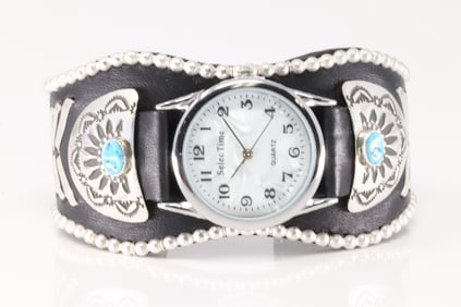 Native America Navajo Sterling Silver Turquoise Watch Leather Bracelet Cuff By Frank Armstrong.