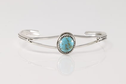 Native America Navajo Sterling Silver Turquoise Bracelet Cuff By Sadie Jim.