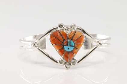 Native America Zuni Sterling Silver Multi-Color Stone Inlay Bracelet Cuff By Ola Eriacho.