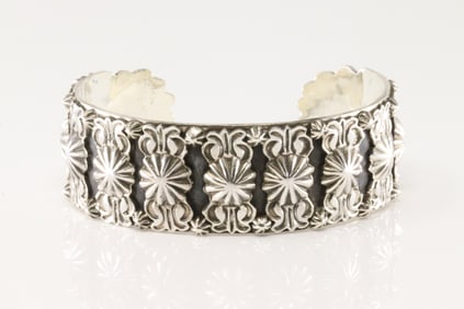 Native America Navajo Sterling Silver Solid Stamped Bracelet Cuff By Bobby Platero.
