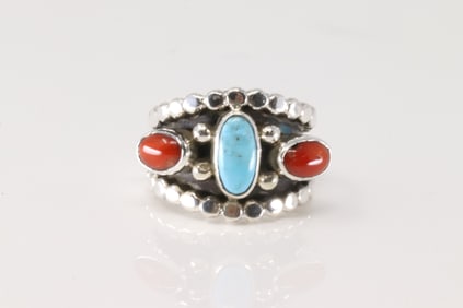 Native America Navajo Sterling Silver Coral & Turquoise Ring By Genevieve Francisco.
