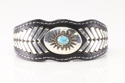 Native America Navajo Sterling Silver Turquoise Leather Bracelet Cuff By F.Armstrong.