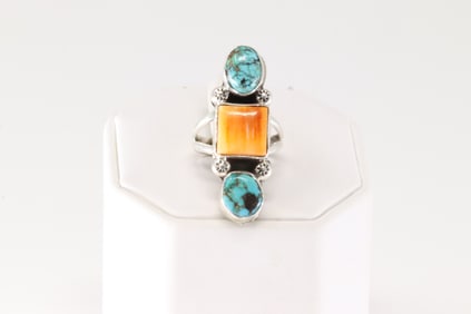 Native America Navajo Sterling Silver Spiny Osyter & Turquoise Ring By B.