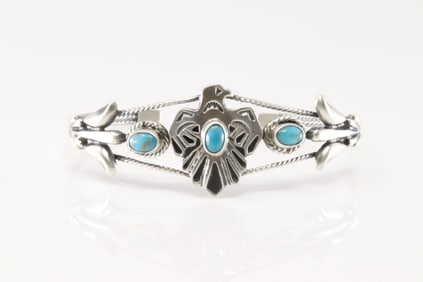 Native America Navajo Sterling Silver Turquoise Thunderbird Bracelet Cuff By Bobby Platero.